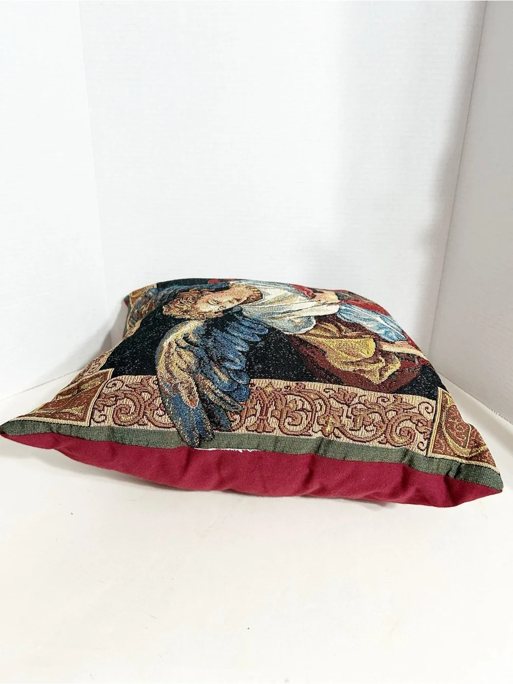 Vintage Renaissance Guardian Angel Tapestry Throw Pillow Red Blue Gold Religious